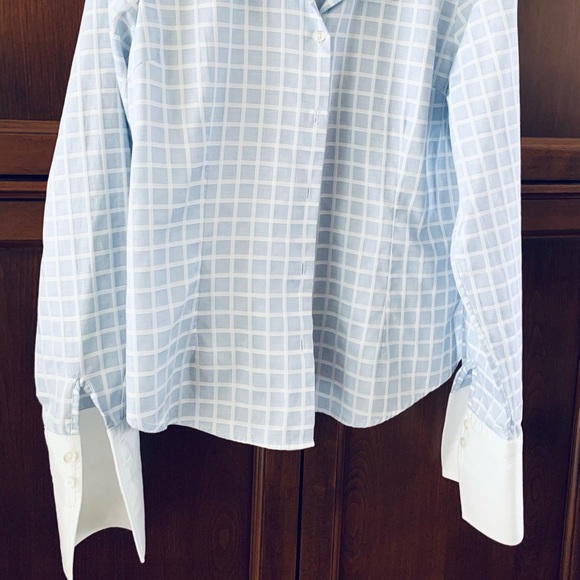 Blue & white check pattern button up cotton dress shirt white collar French cuff - Picture 3 of 16
